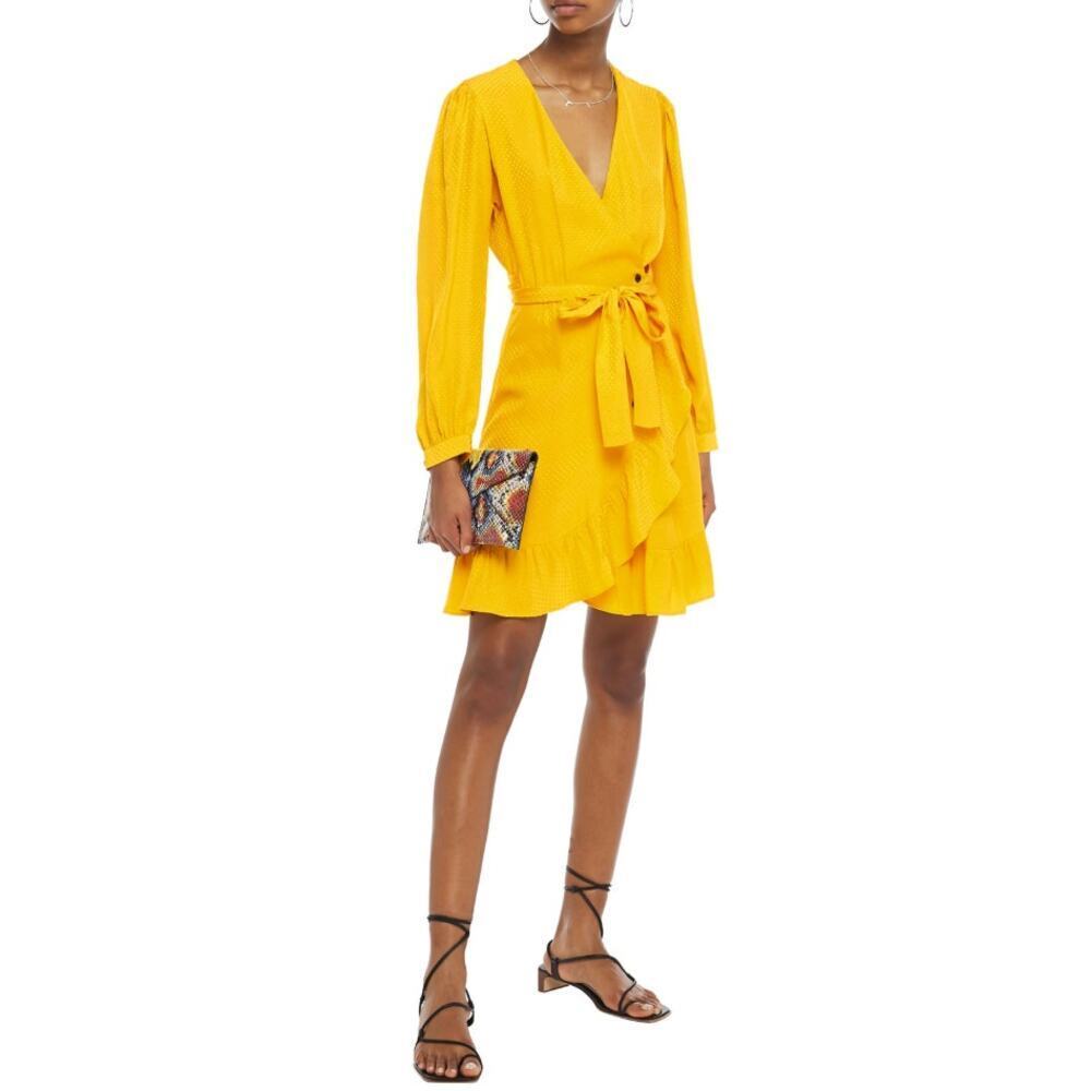 Maje Roseya Ruffled Polka Dot Jacquard Wrap Dress Yellow Size 40